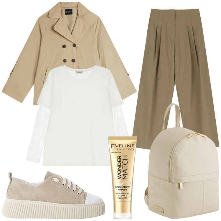 Outfit donna - Trench versatile. Stile Casual per Ufficio. Abbinamento con primer, pantaloni, sneakers, trench, t-shirt, zaini.