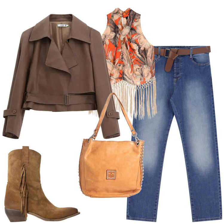 Outfit donna - Let\'s go boho. Stile Boho per Tutti i giorni. Abbinamento con borse a mano, jeans dritti, blazer, top, stivali.
