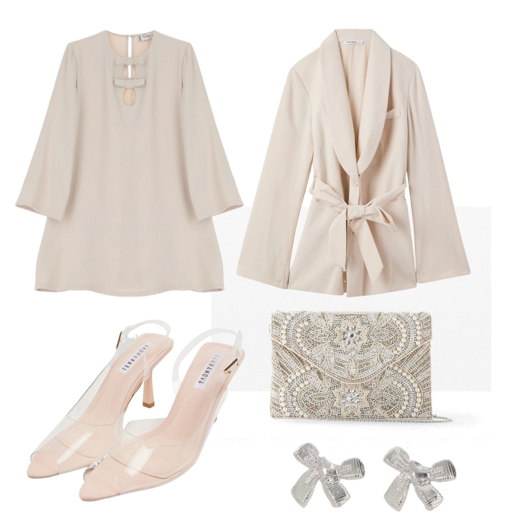Outfit donna - Tono su tono. Stile Casual chic per Serata fuori. Abbinamento con pochette, sandali col tacco, blazer, vestiti corti, orecchini.