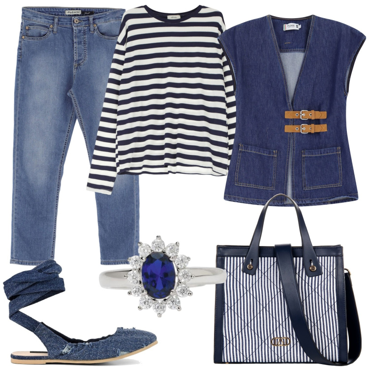 Outfit donna - In jeans. Stile Casual per Tutti i giorni. Abbinamento con anelli, shopping bag, gilet, jeans, t-shirt, ballerine.