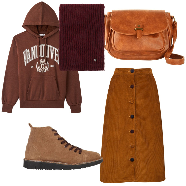 Outfit donna - Caffè. Stile Trendy per Tutti i giorni. Abbinamento con borse a tracolla, stivaletti, felpe con cappuccio, sciarpe, gonne longuette.