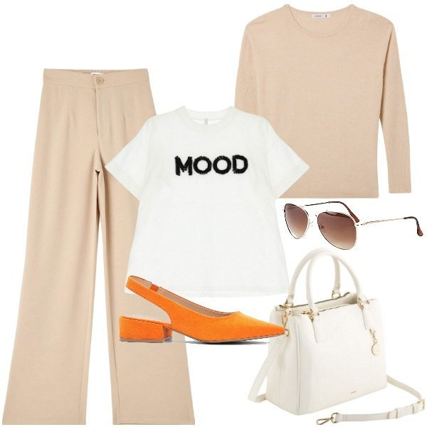 Outfit donna - Outfit di primavera. Stile Chic per Ufficio. Abbinamento con occhiali da sole, décolleté, pantaloni, maglieria, t-shirt, borse a mano.
