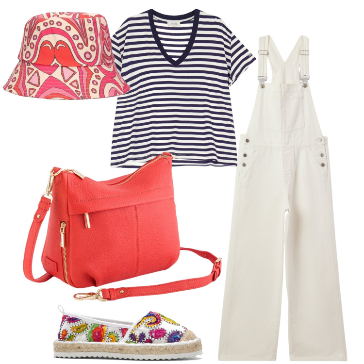 Outfit donna - Pomeriggio vicino al mare. Stile Casual chic per Mare. Abbinamento con espadrillas, salopette, t-shirt, cappelli, borse a tracolla.