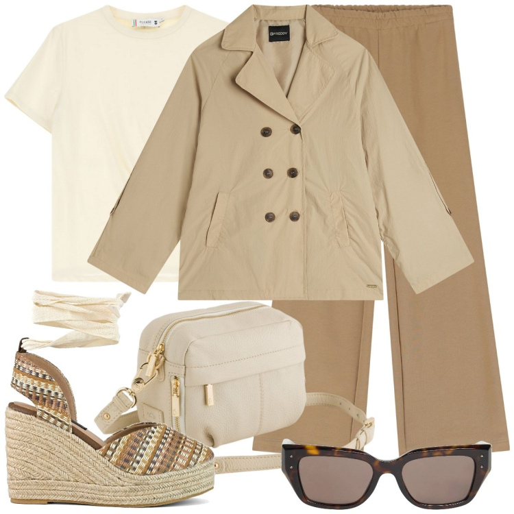 Outfit donna - Trench beige. Stile Casual chic per Tutti i giorni. Abbinamento con occhiali da sole, t-shirt, pantaloni, trench, zeppe, borse a tracolla.
