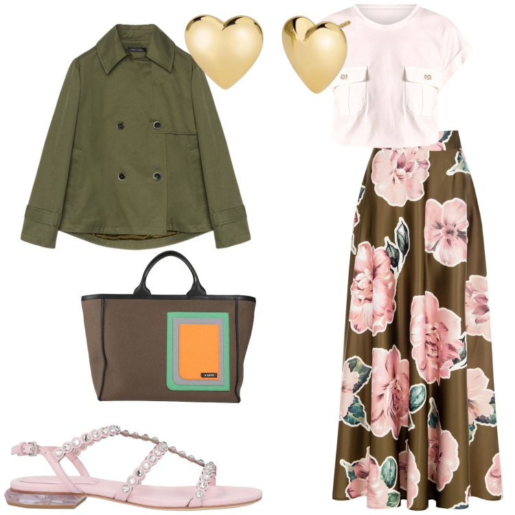 Outfit donna - Il trench verde. per Tutti i giorni. Abbinamento con sandali in pelle, borse a mano, orecchini, gonne, t-shirt, trench.