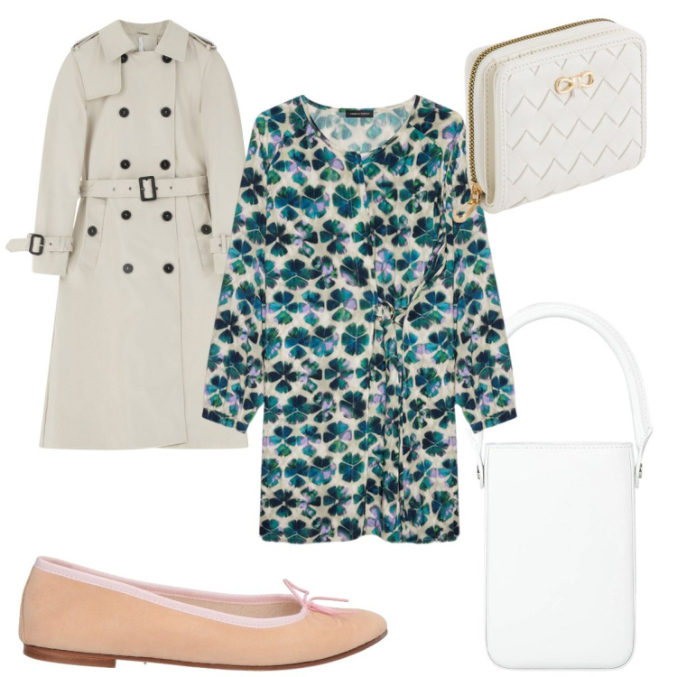 Outfit donna - Total look #2091839. Stile Trendy per Tutti i giorni. Abbinamento con ballerine, borse a mano, trench, vestiti corti, portafogli.