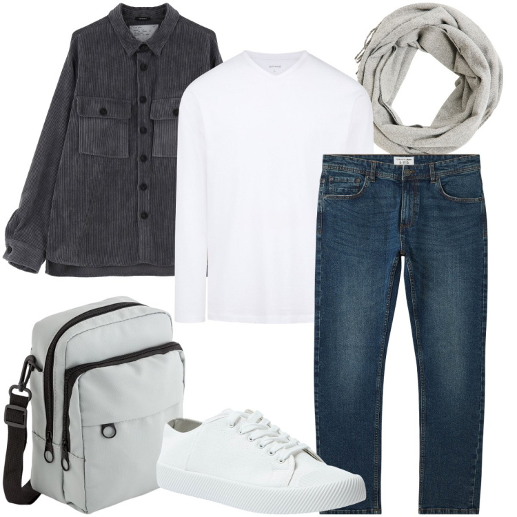 Outfit uomo - Il camicione in velluto. Stile Casual per Tutti i giorni. Abbinamento con jeans, sneakers, sciarpe, camicie, t-shirt, borse sportive.