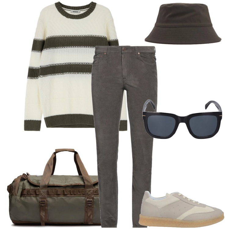 Outfit uomo - Viaggio per svago. Stile Casual per Tutti i giorni. Abbinamento con sneakers, pantaloni, maglieria, occhiali da sole, cappelli, borse sportive.