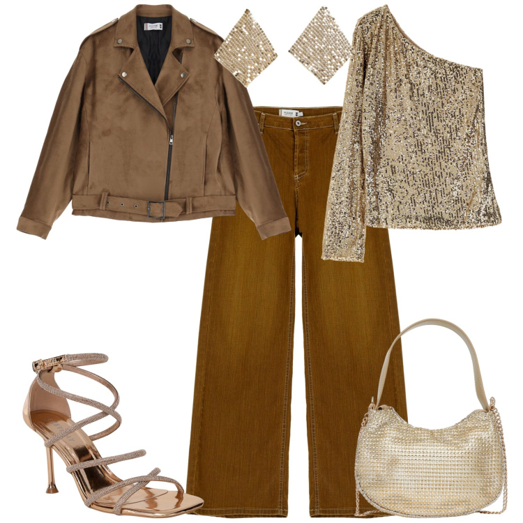 Outfit donna - Evento serata glamour. Stile Glamour per Serata fuori. Abbinamento con orecchini, sandali col tacco, borse a spalla, blazer, pantaloni, top.