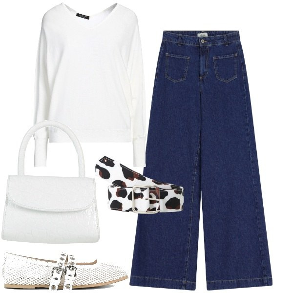 Outfit donna - Outfit di primavera. Stile Chic per Tutti i giorni. Abbinamento con pullovers, borse a mano, cinture, jeans, ballerine.