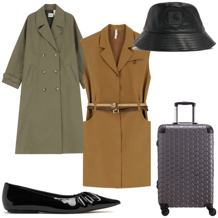 Outfit donna - Total look #2091852. Stile Trendy per Tutti i giorni. Abbinamento con vestiti corti, trench, ballerine, cappelli, valigie.