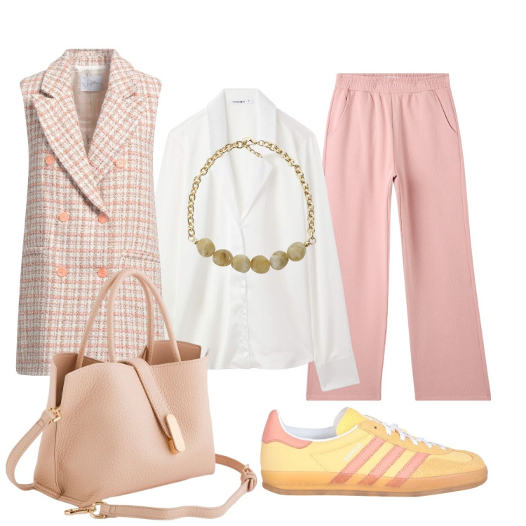 Outfit donna - In città. Stile Casual chic per Tutti i giorni. Abbinamento con blazer, sneakers, bluse, pantaloni, collane, borse a mano.