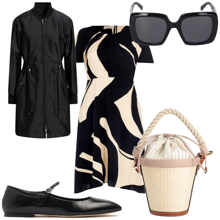 Outfit donna - Total look #2091868. Stile Trendy per Tutti i giorni. Abbinamento con borse a secchiello, trench, vestiti corti, ballerine, occhiali da sole.