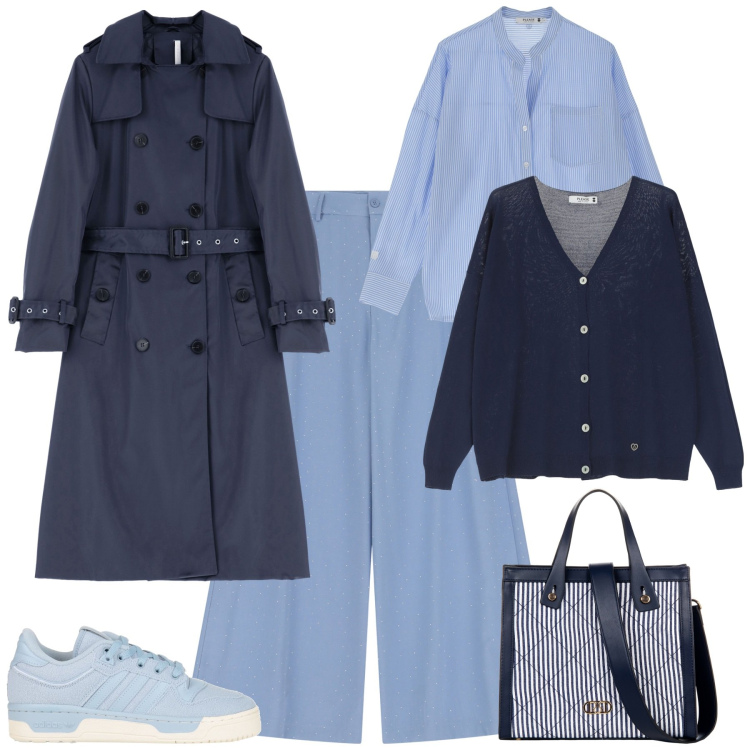 Outfit donna - Total look #2091885. Stile Sporty chic per Ufficio. Abbinamento con sneakers, shopping bag, camicie, cardigans, pantaloni, trench.