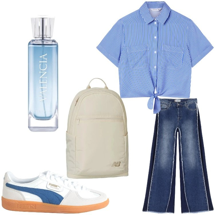 Outfit donna - Freschezza. Stile Casual per Tutti i giorni. Abbinamento con sneakers, profumi, camicie a manica corta, zaini, jeans.