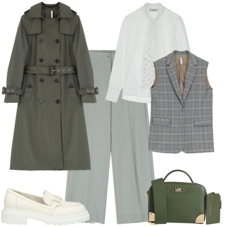 Outfit donna - Total look #2091893. Stile Sporty chic per Ufficio. Abbinamento con borse a tracolla, mocassini, gilet, trench, pantaloni a palazzo, bluse.
