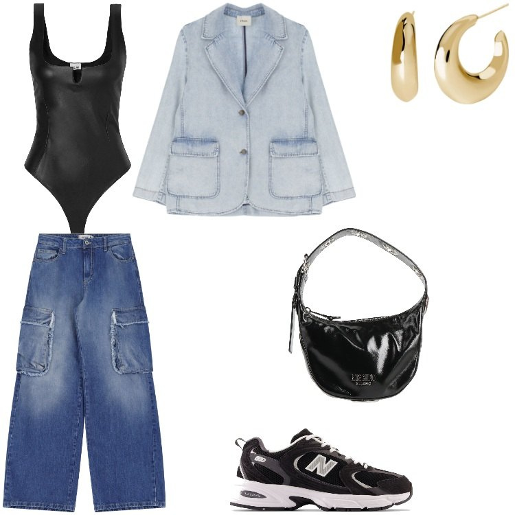 Outfit donna - JEANS so swag. Stile Urban per Tutti i giorni. Abbinamento con body, borse a mano, jeans, orecchini, sneakers, blazer.