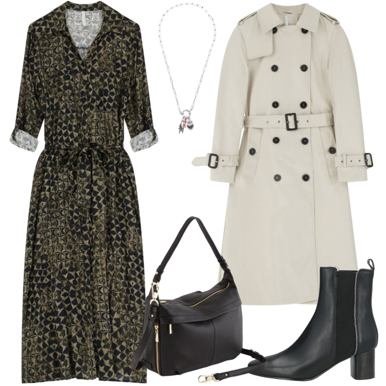 Outfit donna - Come Colombo. Stile Casual chic per Ufficio. Abbinamento con stivaletti chelsea, vestiti, trench, ciondoli, borse a tracolla.