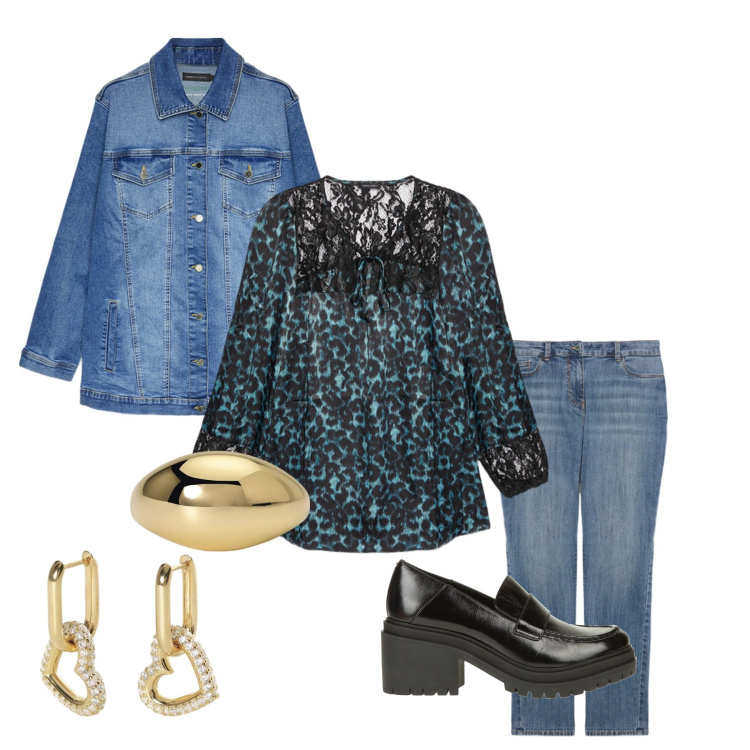 Outfit donna - Gold touch. Stile Chic per Ufficio. Abbinamento con mocassini, orecchini, anelli, jeans skinny, bluse, blazer.