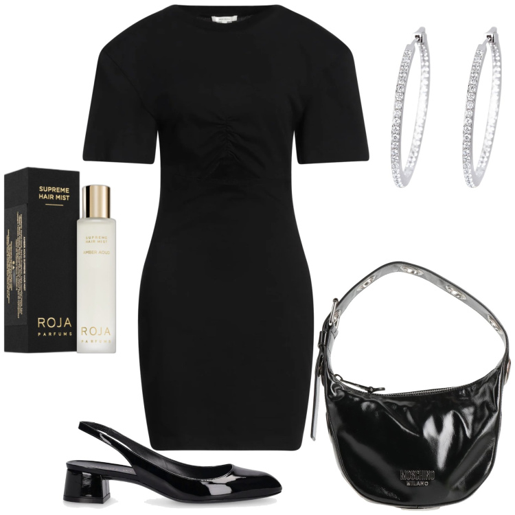 Outfit donna - Serata. Stile Chic per Serata fuori. Abbinamento con vestiti corti, borse a mano, profumi, orecchini, décolleté.