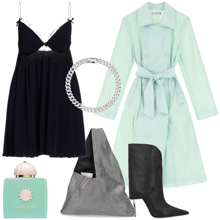 Outfit donna - Serata fuori dí pioggia. Stile Glamour per Serata fuori. Abbinamento con vestiti corti, stivaletti, profumi, braccialetti, trench, borse a spalla.