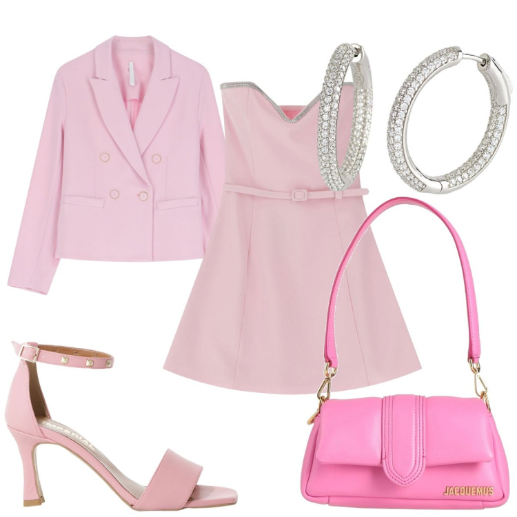 Outfit donna - Primavera in rosa. Stile Chic per Cerimonia. Abbinamento con borse a mano, orecchini, vestiti corti, sandali col tacco, blazer.