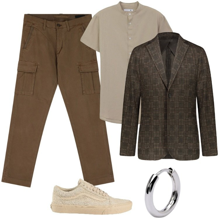 Outfit uomo - Giacca baroccheggiante. Stile Trendy per Tutti i giorni. Abbinamento con sneakers, camicie a manica corta, orecchini, pantaloni cargo, giacche.