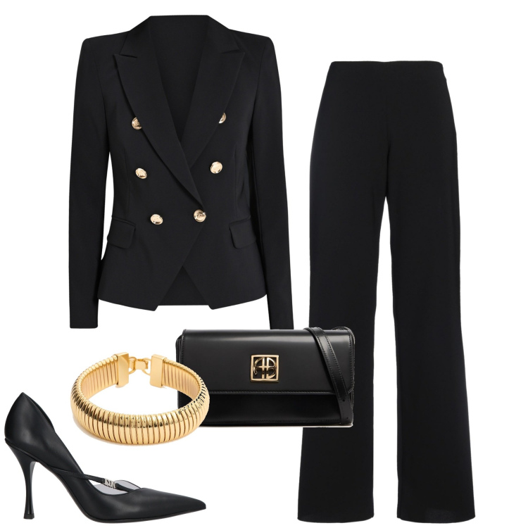 Outfit donna - In doppiopetto evento serale. Stile Chic per Serata fuori. Abbinamento con pantaloni, top, décolleté, blazer, braccialetti, borse a spalla.