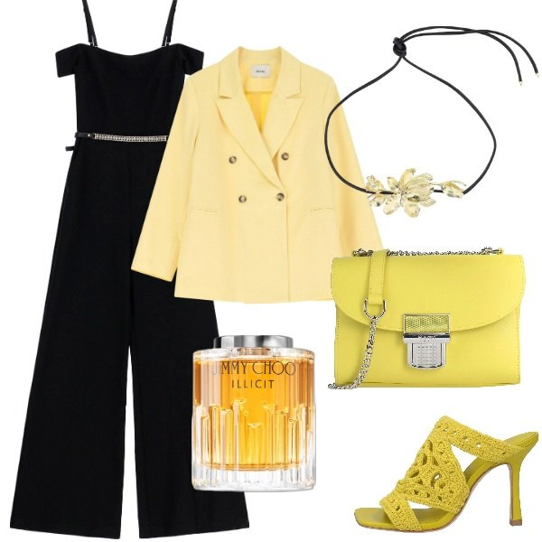 Outfit donna - Compleanno a sopresa. Stile Trendy per Serata fuori. Abbinamento con sandali in pelle, borse a tracolla, profumi, tute, blazer, collane.