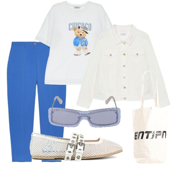 Outfit donna - A spasso per la città. Stile Trendy per Tutti i giorni. Abbinamento con borse a spalla, t-shirt, pantaloni chino, ballerine, occhiali da sole, blazer.