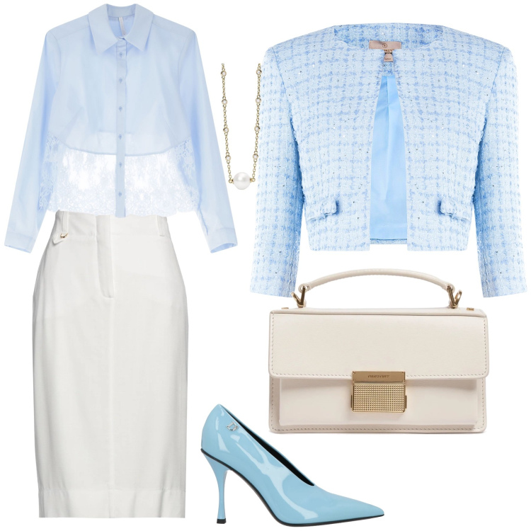 Outfit donna - Stile elegante. Stile Bon Ton per Cerimonia. Abbinamento con décolleté, gonne longuette, camicie, collane, bolero, borse a mano.