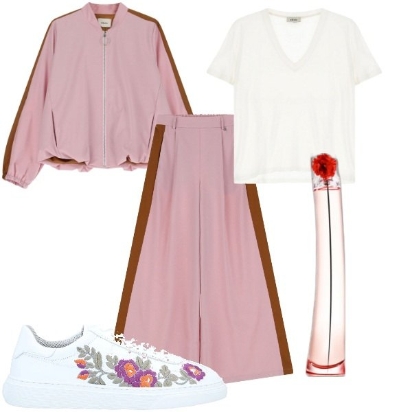 Outfit donna - Domenica mattina. Stile Trendy per Tutti i giorni. Abbinamento con sneakers, profumi, pantaloni, t-shirt, bomber.