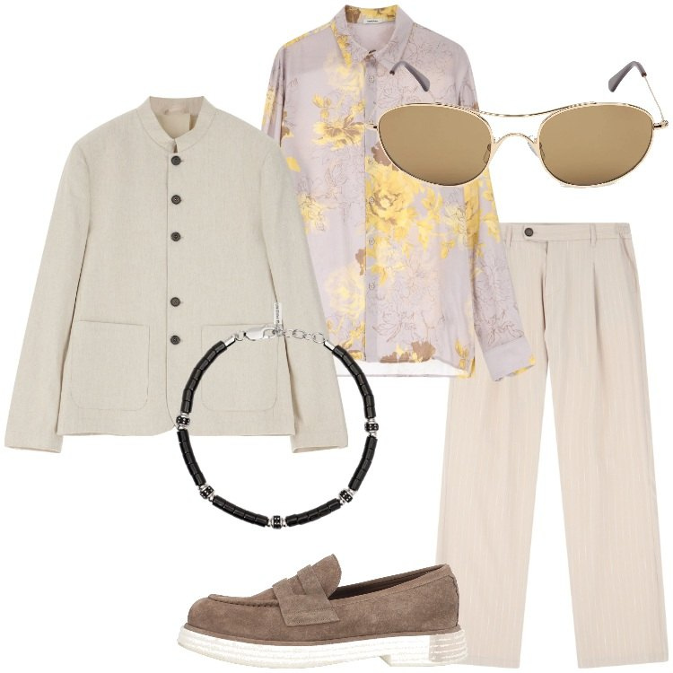 Outfit uomo - Influenze bohemien. Stile Trendy per Tutti i giorni. Abbinamento con scarpe stringate, braccialetti, camicie, pantaloni, giacche, occhiali da sole.