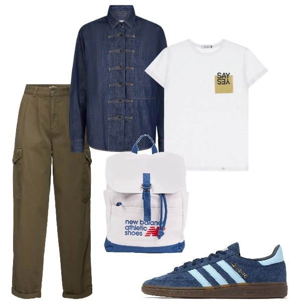 Outfit donna - Aspettando la primavera. Stile Casual chic per Tutti i giorni. Abbinamento con zaini, t-shirt, sneakers, camicie, pantaloni.