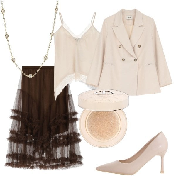 Outfit donna - Serata romantica. Stile Glamour per Serata fuori. Abbinamento con ciprie, collane, décolleté, gonne lunghe, blazer, top.