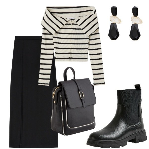 Outfit donna - Domenica mattina. Stile Trendy per Tutti i giorni. Abbinamento con cardigans, stivaletti chelsea, gonne lunghe, orecchini, zaini.