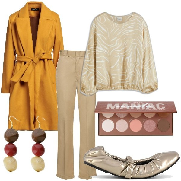 Outfit donna - Domenica mattina. Stile Casual chic per Tutti i giorni. Abbinamento con cappotti, bluse, ombretti, orecchini, pantaloni, ballerine.
