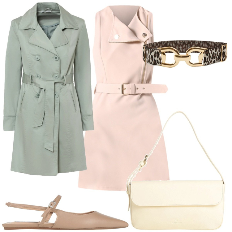 Outfit donna - Total look #2091950. Stile Trendy per Tutti i giorni. Abbinamento con trench, ballerine, borse a mano, cinture, vestiti corti.