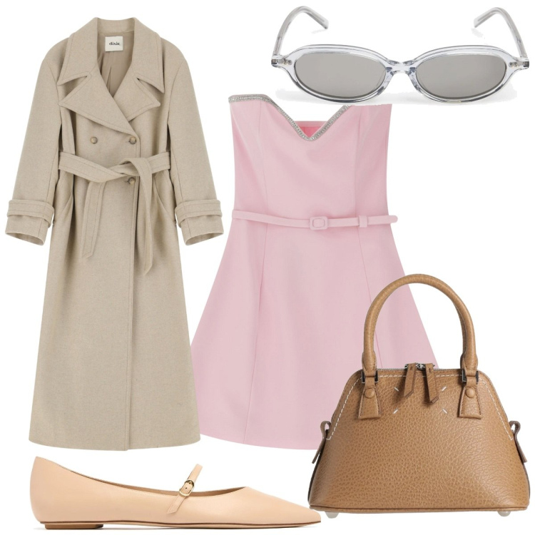 Outfit donna - Total look #2091952. Stile Trendy per Tutti i giorni. Abbinamento con borse a mano, vestiti corti, trench, occhiali da sole, ballerine.
