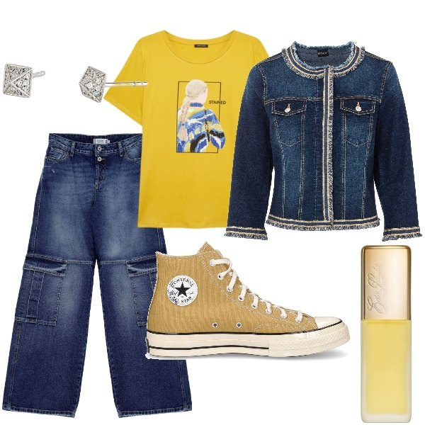 Outfit donna - Aspettando la primavera. Stile Trendy per Tutti i giorni. Abbinamento con blazer, profumi, orecchini, jeans, sneakers, t-shirt.