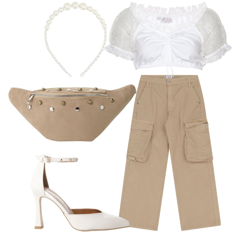 Outfit donna - Top da aperitivo. Stile Glamour per Serata fuori. Abbinamento con camicie, pantaloni chino, décolleté, marsupi, cerchietti.