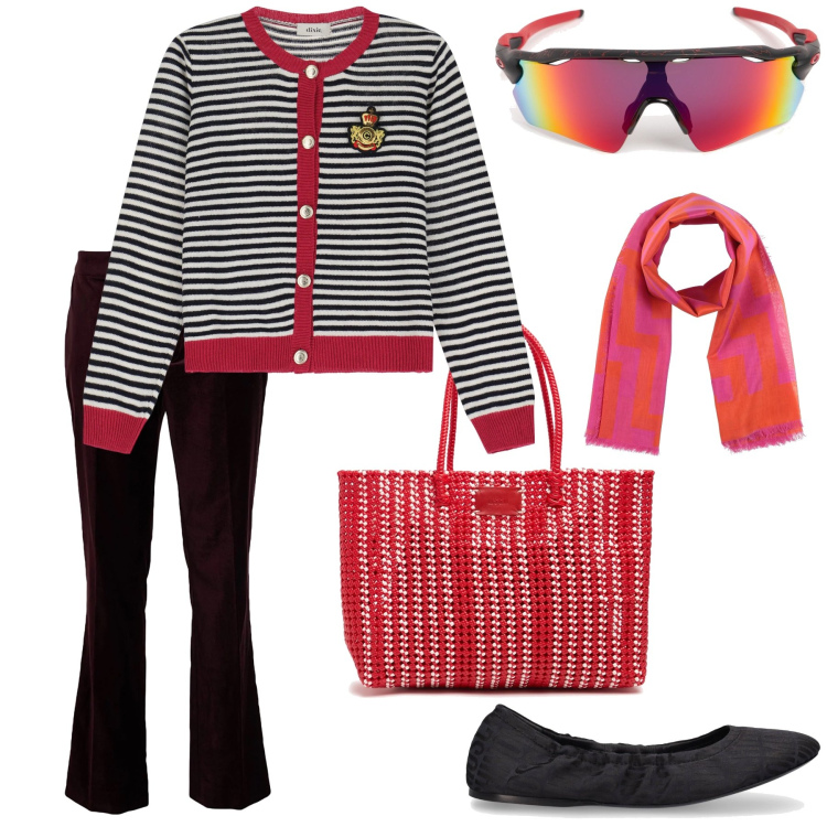 Outfit donna - Total look. Stile Trendy per Ufficio. Abbinamento con sciarpe, pantaloni, cardigans, ballerine, occhiali da sole, shopping bag.