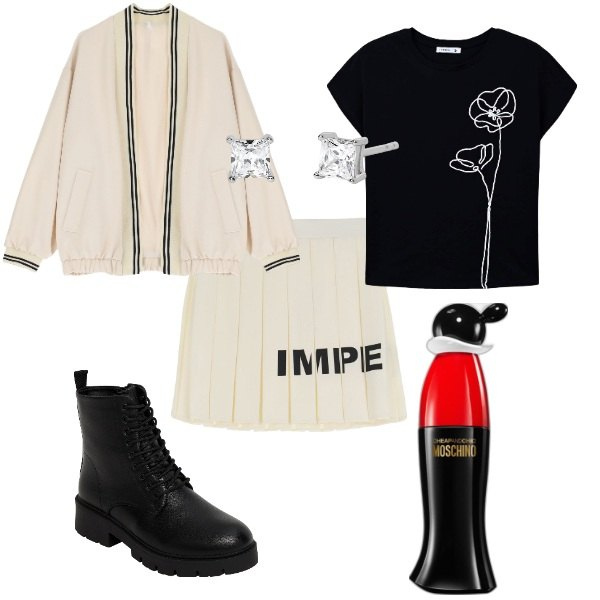Outfit donna - Domenica mattina. Stile Trendy per Tutti i giorni. Abbinamento con profumi, t-shirt, anfibi, orecchini, bomber, minigonne.
