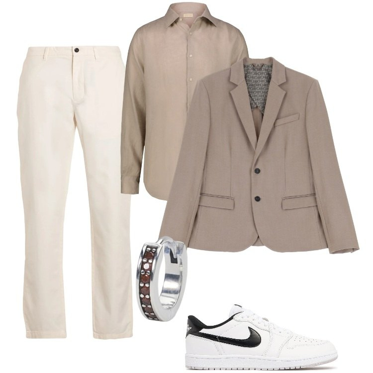 Outfit uomo - I colori chiari del lino. Stile Casual per Tutti i giorni. Abbinamento con pantaloni chino, orecchini, giacche, camicie, sneakers.