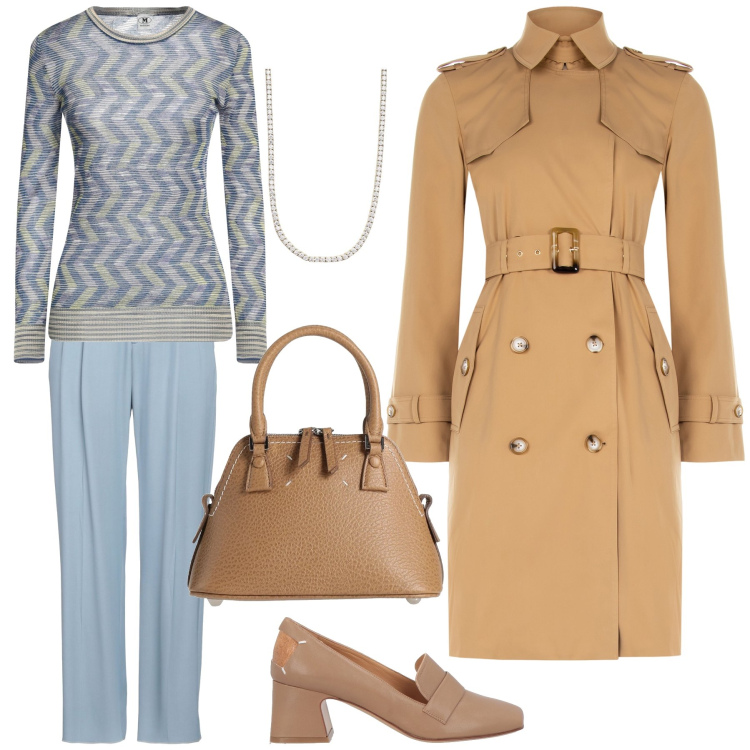 Outfit donna - Aspettando la primavera. Stile Casual chic per Tutti i giorni. Abbinamento con pullovers, pantaloni, borse a mano, mocassini, collane, trench.