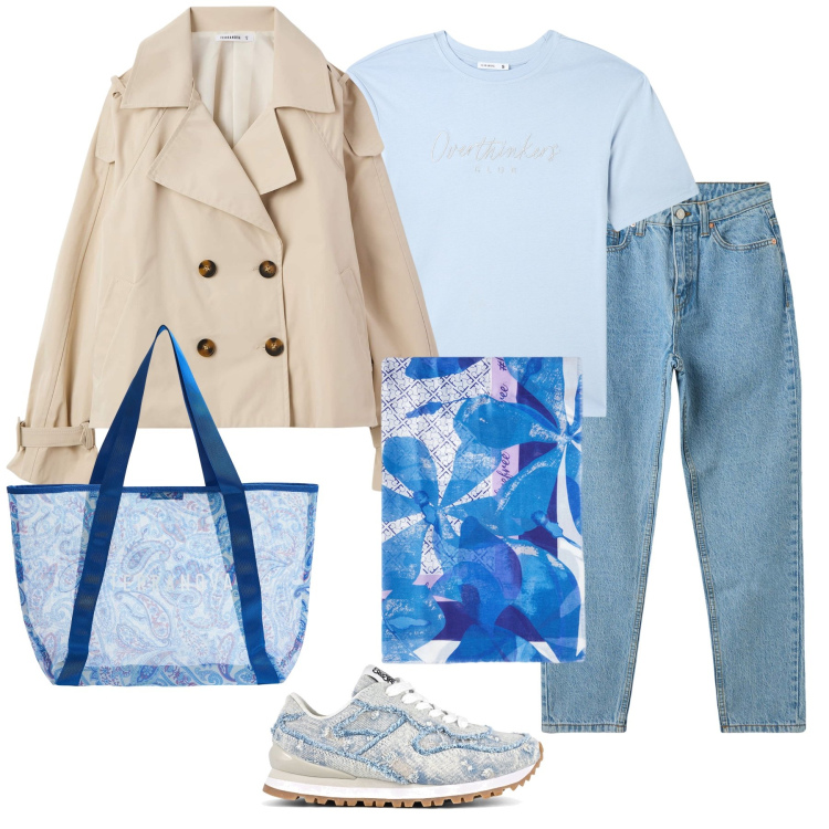 Outfit donna - Trench beige. Stile Casual per Tutti i giorni. Abbinamento con jeans mom, trench, t-shirt, shopping bag, stole, scarpe sportive.