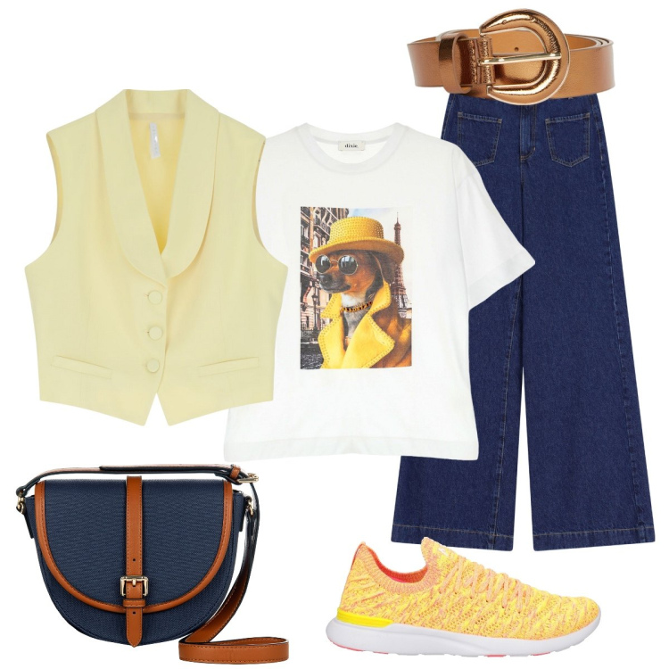 Outfit donna - Total look #2091981. Stile Casual chic per Tutti i giorni. Abbinamento con sneakers, gilet, jeans, t-shirt, borse a tracolla, cinture.