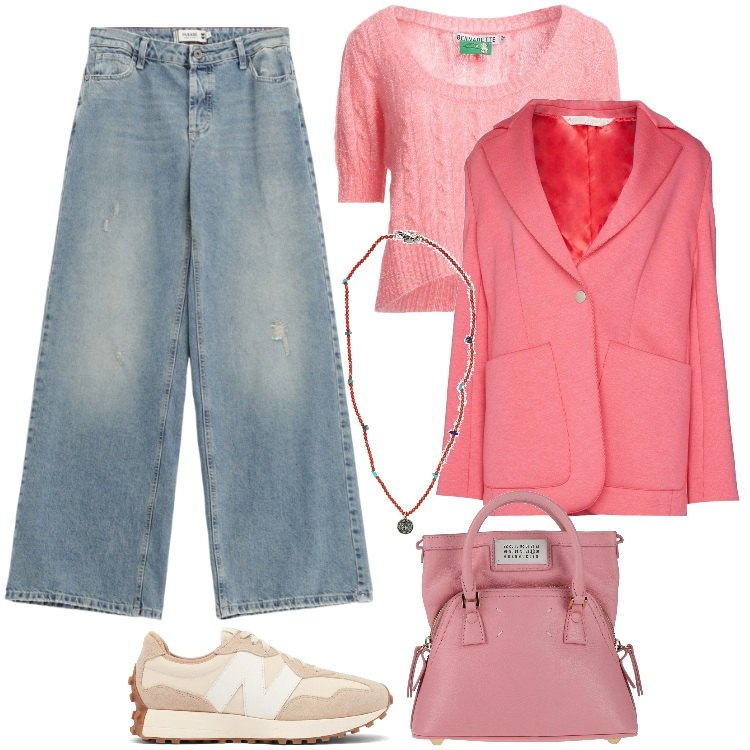 Outfit donna - Trendy e Casual in Rosa. Stile Casual per Tutti i giorni. Abbinamento con borse a mano, blazer, pullovers, collane, sneakers, jeans.