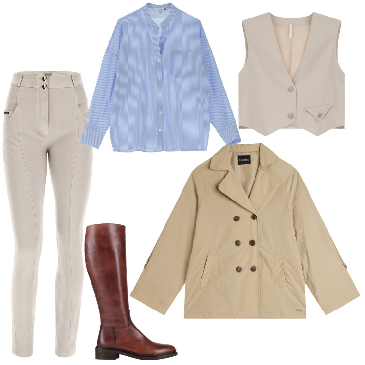Outfit donna - Giornata al maneggio. Stile Sporty chic per Sport. Abbinamento con stivali, camicie, gilet, trench, pantaloni skinny.