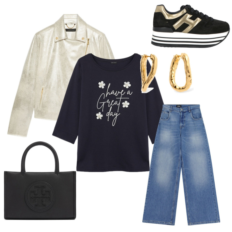 Outfit donna - Soft spring. Stile Trendy per Ufficio. Abbinamento con sneakers, jeans, blazer, shopping bag, t-shirt, orecchini.